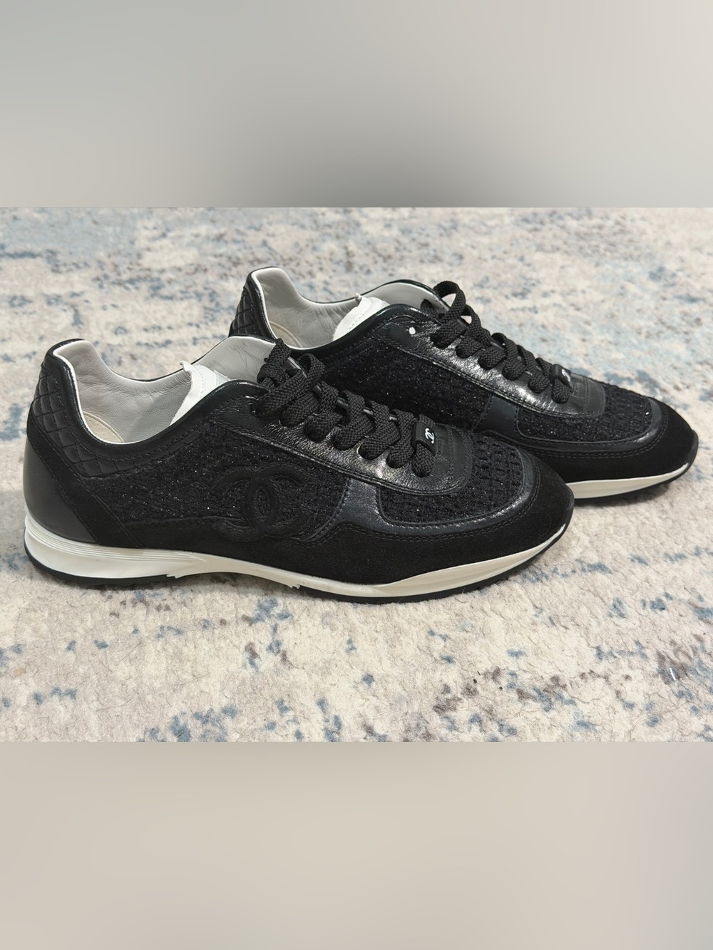 CHANEL G46869 Black Mixed-Material Tweed Suede Low-Top Sneakers 36.5